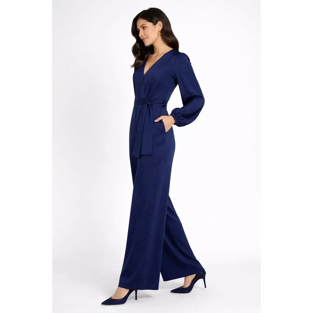Ann Taylor V Neck Long Sleeve Satin Jumpsuit Deep Ocean Blue Womens Size 8 New